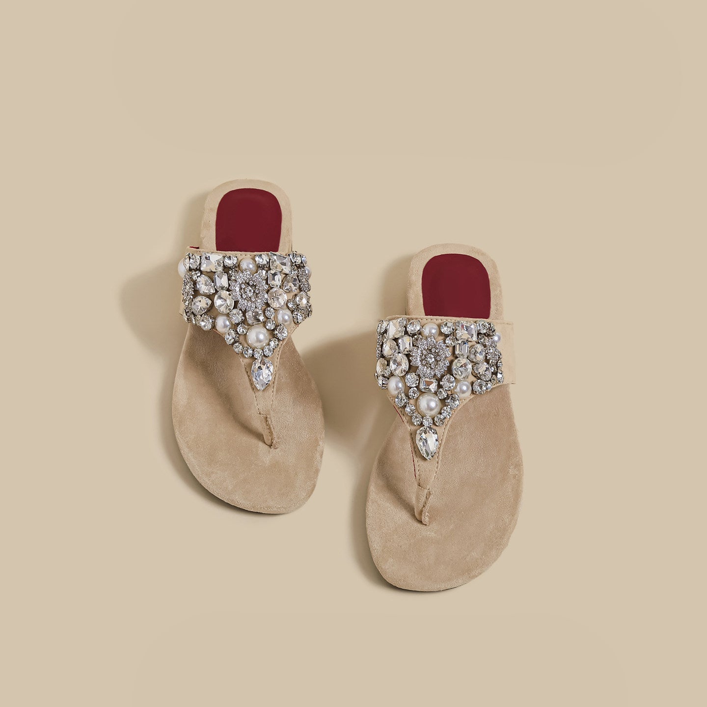 Crystal Pearl Flat Sandals (Beige)