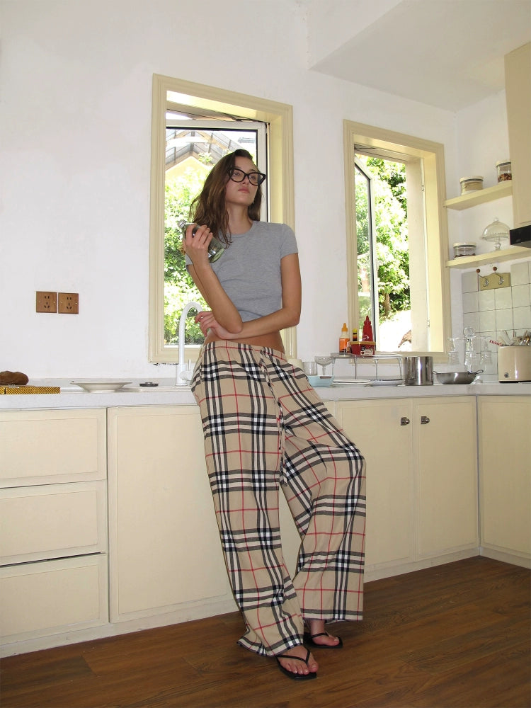 Plaid Drawstring Wide-Leg Pants