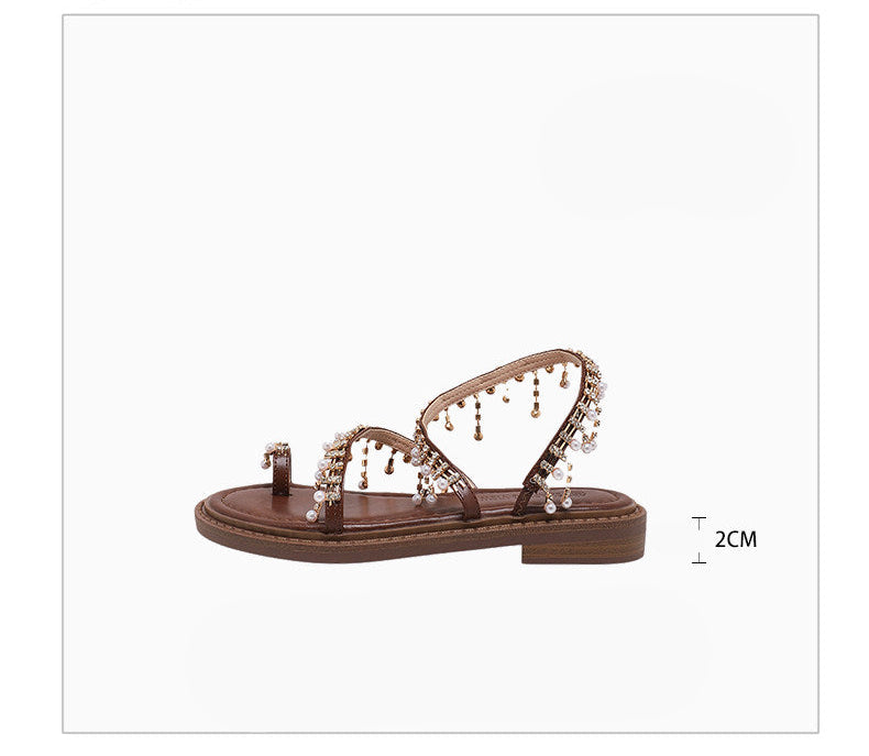 Pearl Crystal Flat Strap Sandals