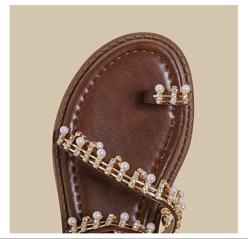 Pearl Crystal Flat Strap Sandals
