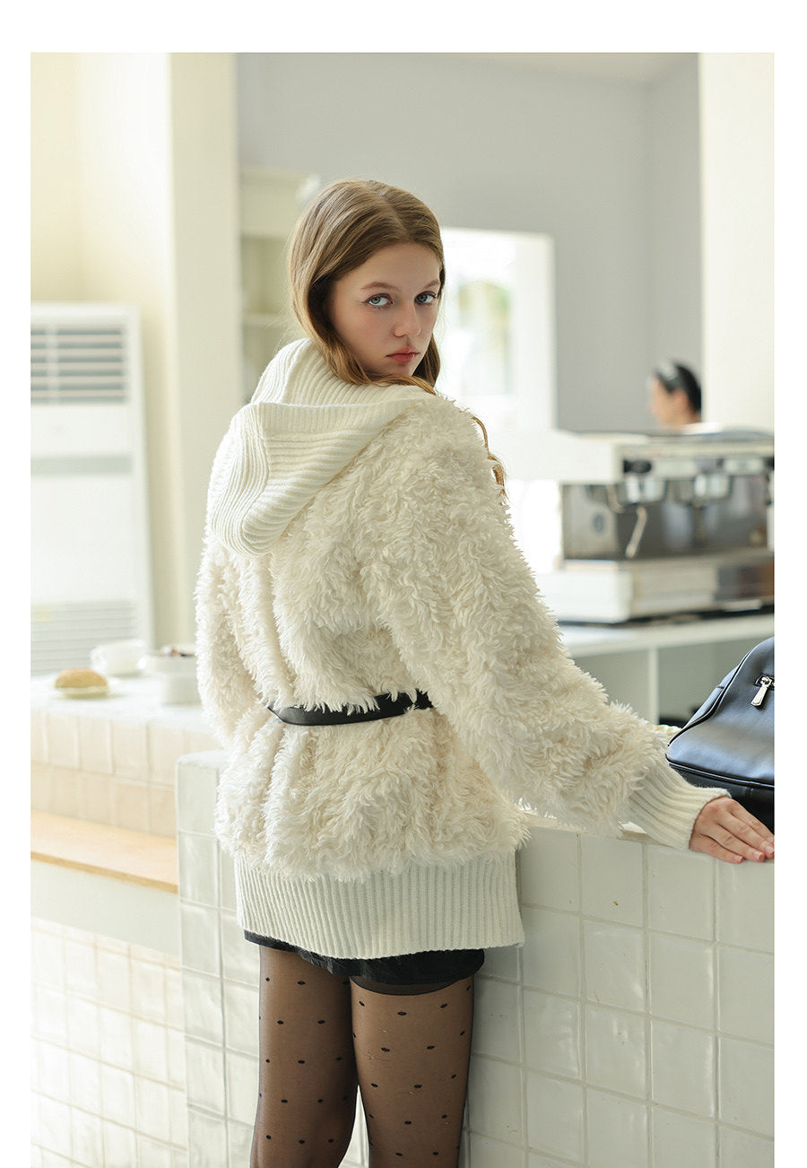 White Knit Paneled Fur Jacket