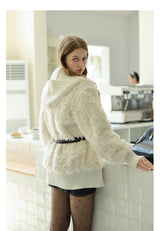 White Knit Paneled Fur Jacket