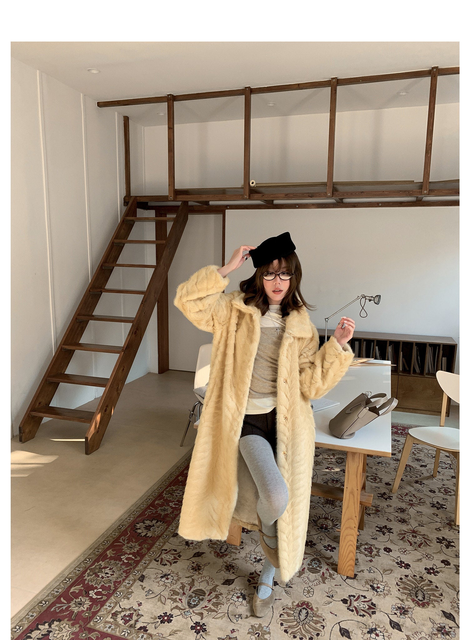 Herringbone Faux Fur Coat - Custard