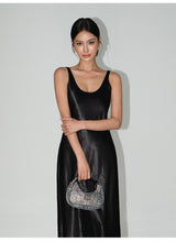 Satin Slip Midi Dress - Black