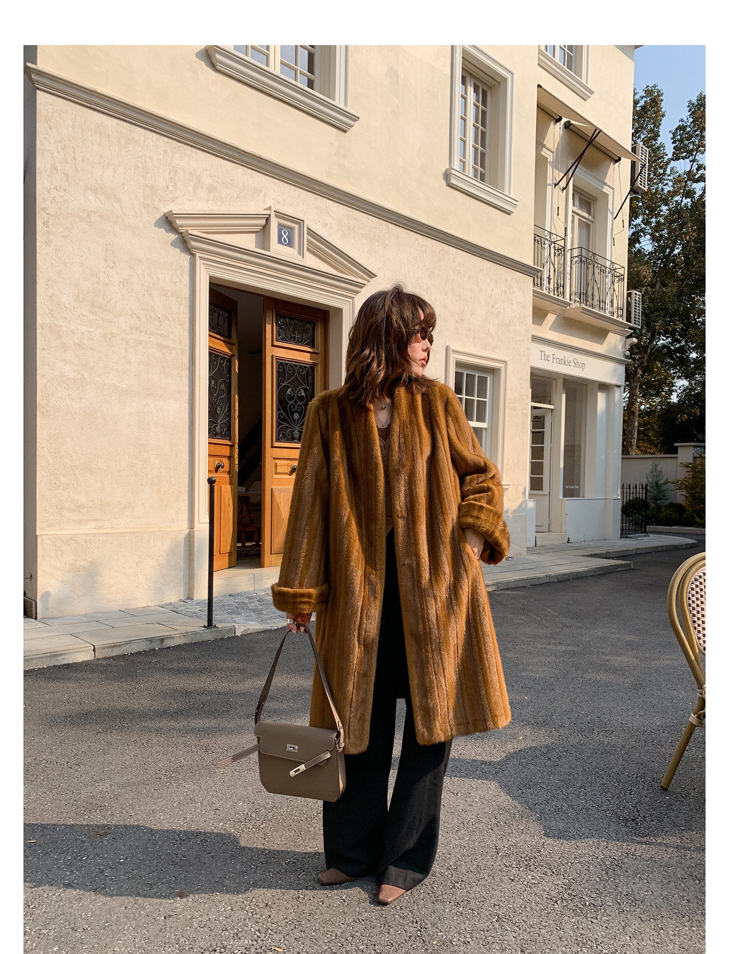 V-Neck Pullup Sleeve Fur Coat - Pumpkin