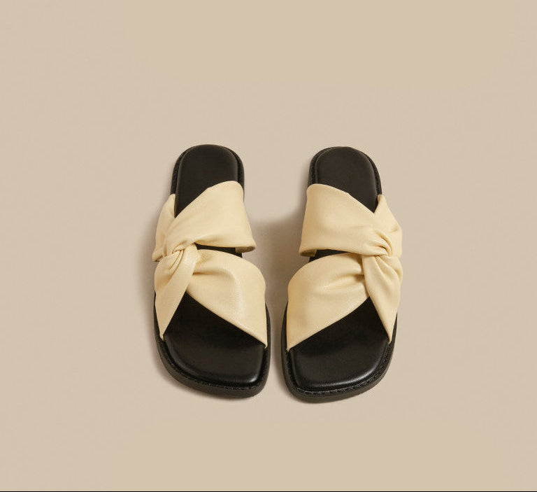 Twist Strap Flat Sandals (Beige)