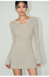 V-Neck Knit Mini Dress - Oatmeal