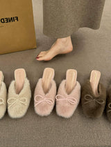 Faux Fur Bow Mule Shoes