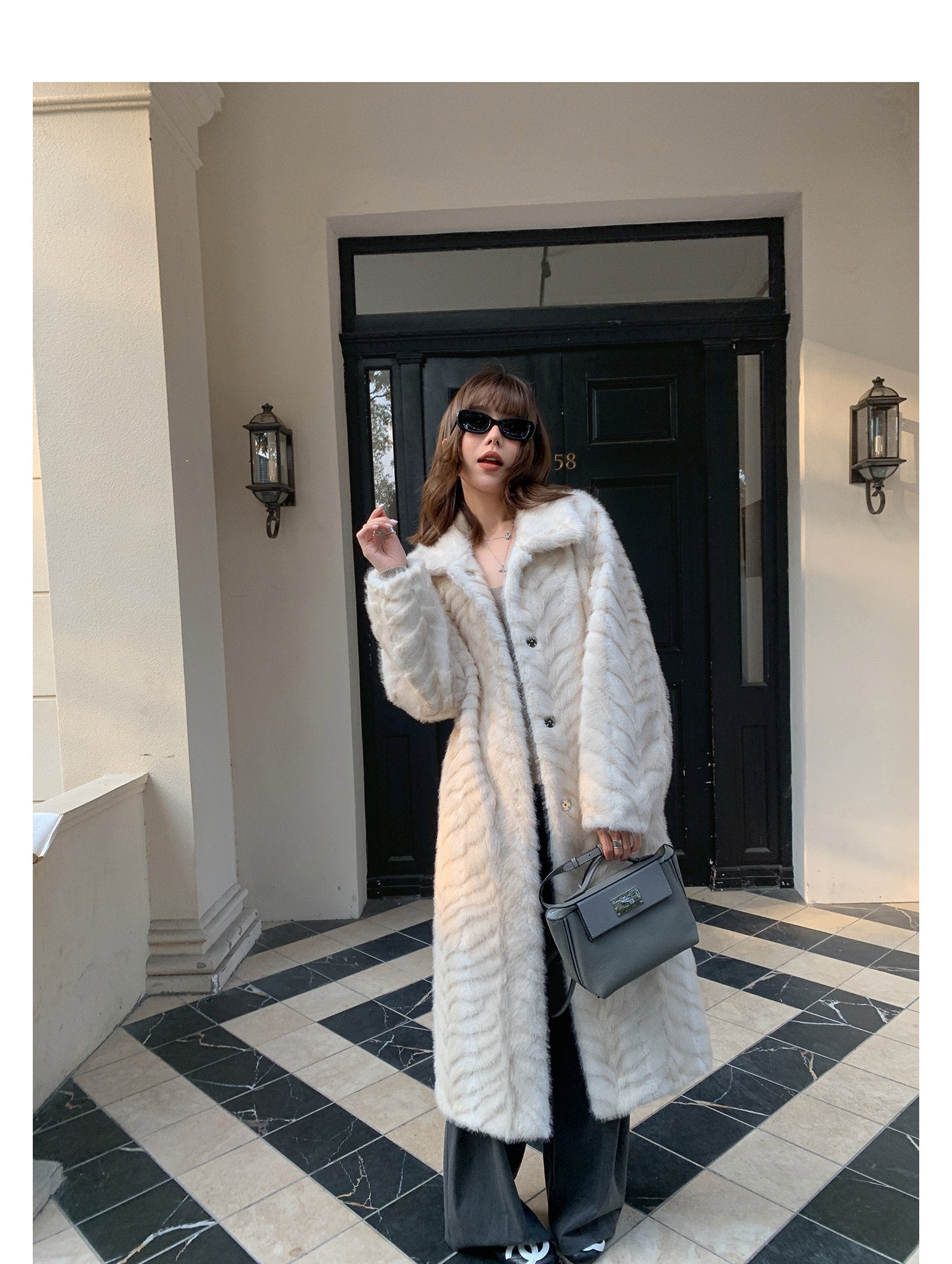 Herringbone Faux Fur Coat - Ivory