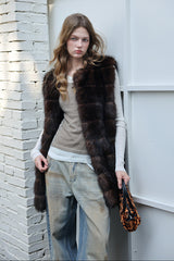 Fur Mid-Length Vest - Umber