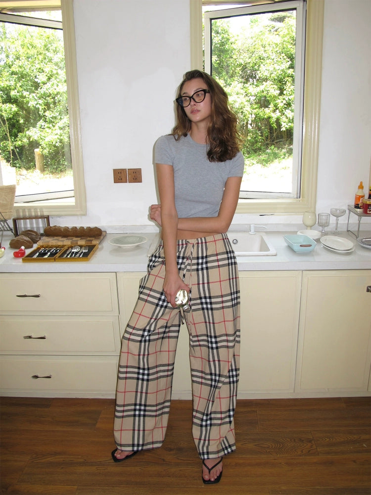 Plaid Drawstring Wide-Leg Pants