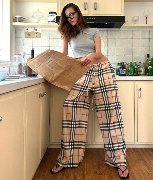 Plaid Drawstring Wide-Leg Pants
