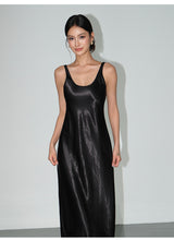 Satin Slip Midi Dress - Black