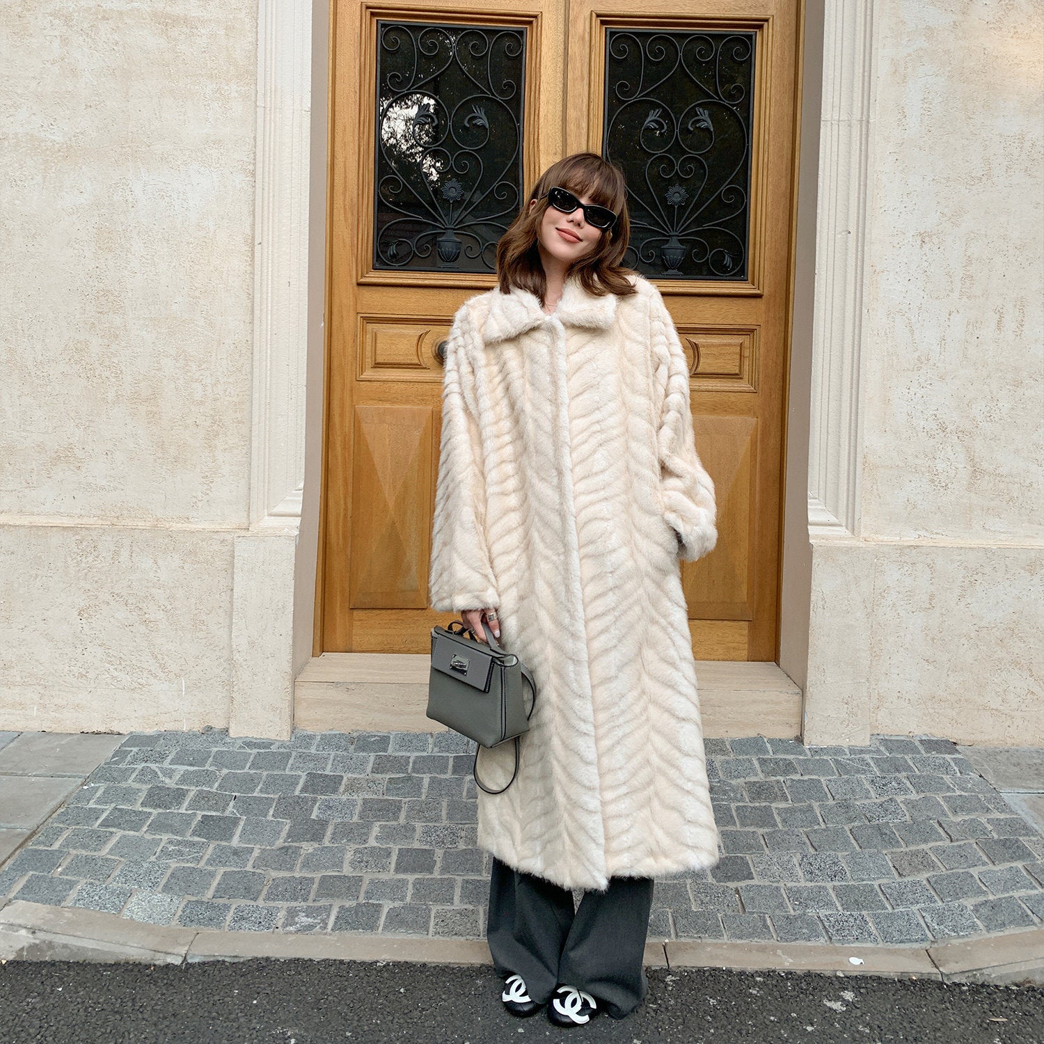 Herringbone Faux Fur Coat - Ivory