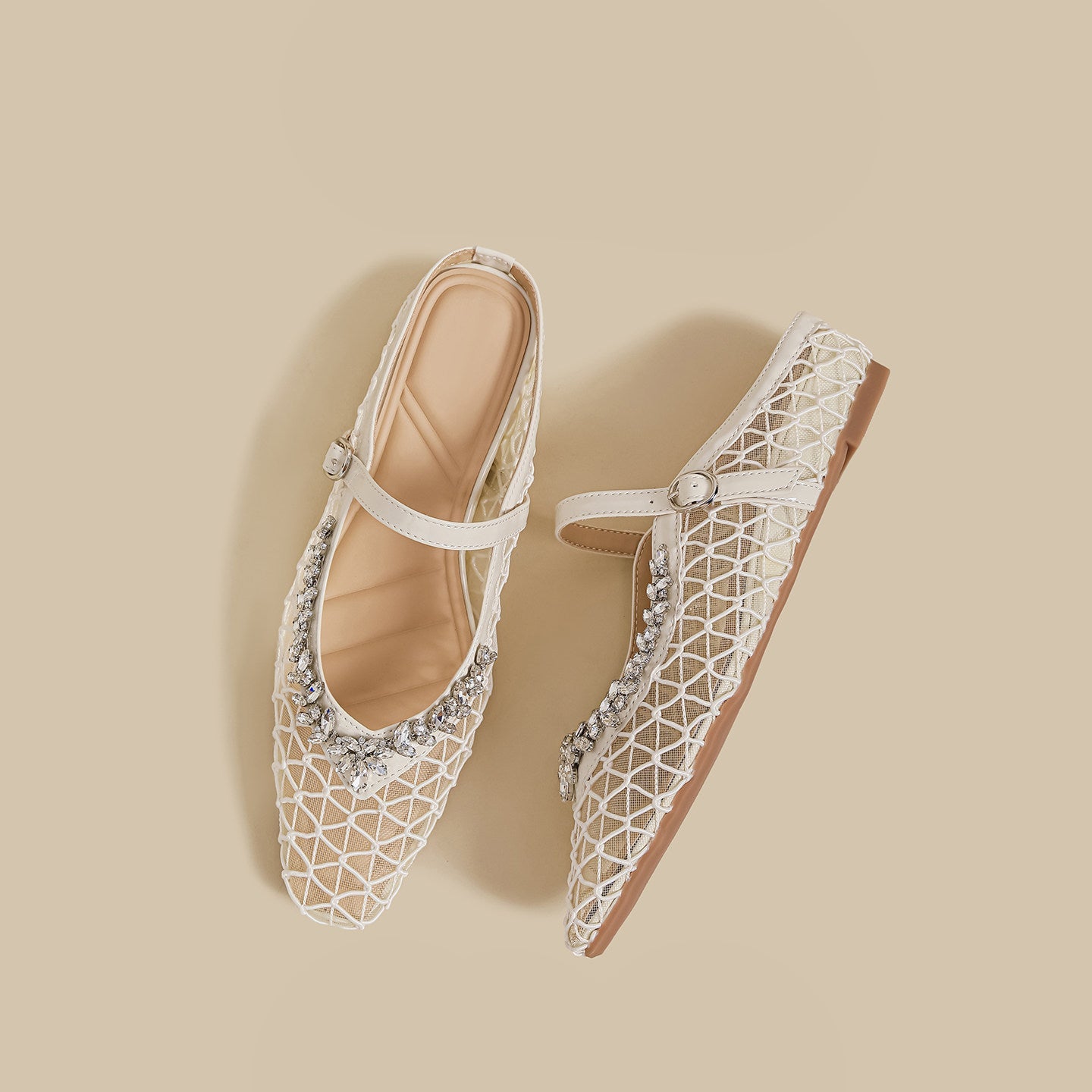 Crystal Mesh Mary Janes (Cream)
