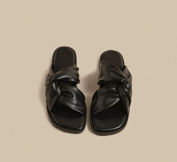 Twist Strap Flat Sandals (Black)