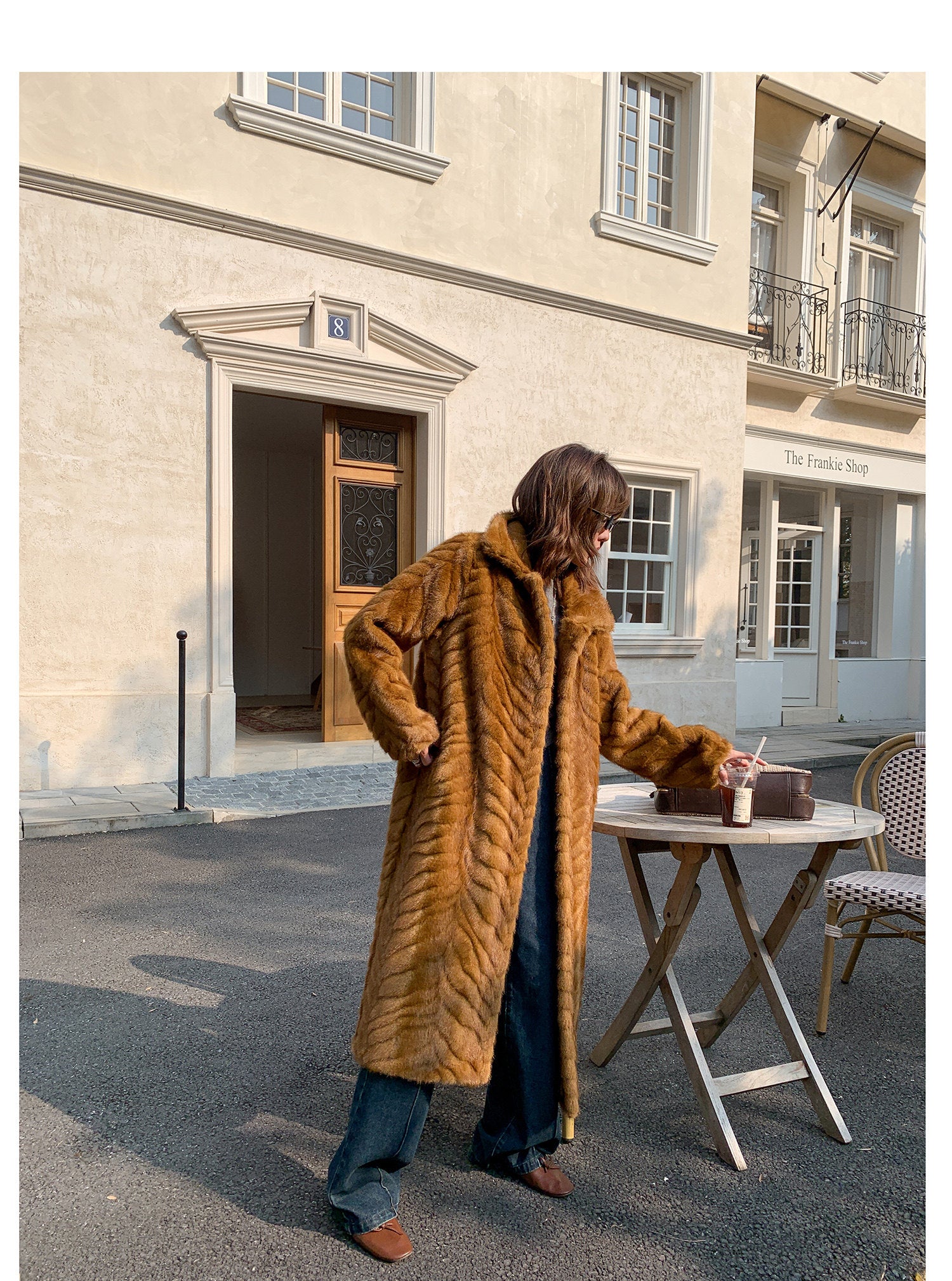 Herringbone Faux Fur Coat - Ochre