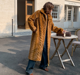 Herringbone Faux Fur Coat - Ochre