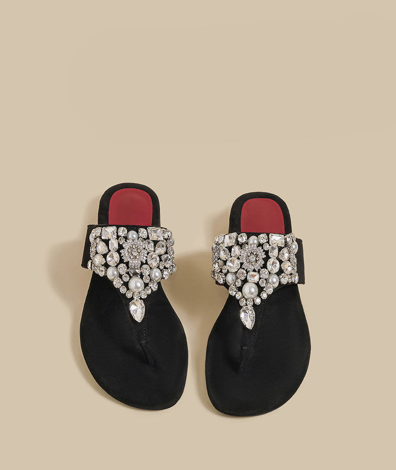 Crystal Pearl Flat Sandals (Black)