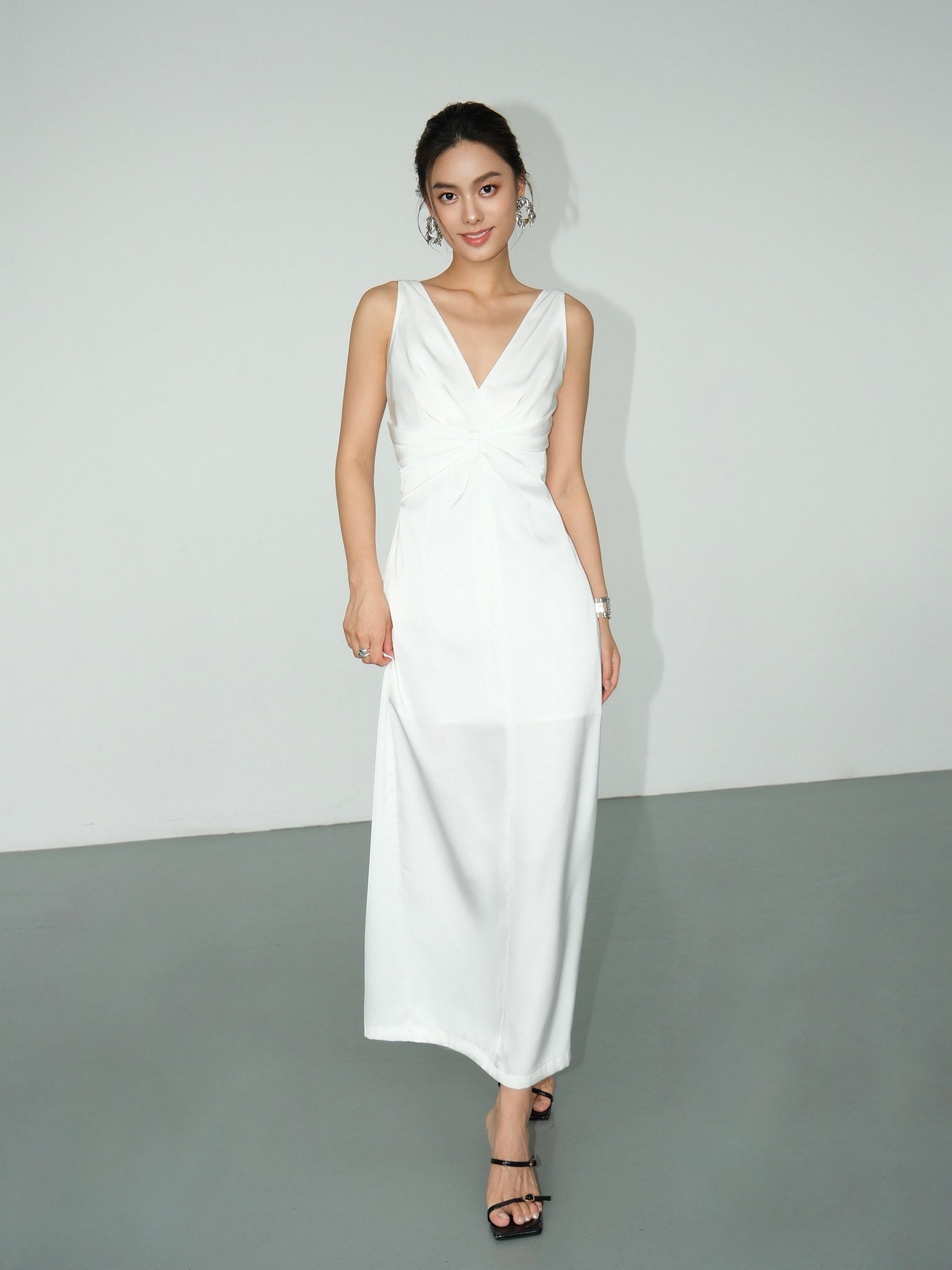 Smooth Ruched Slip Dress - White