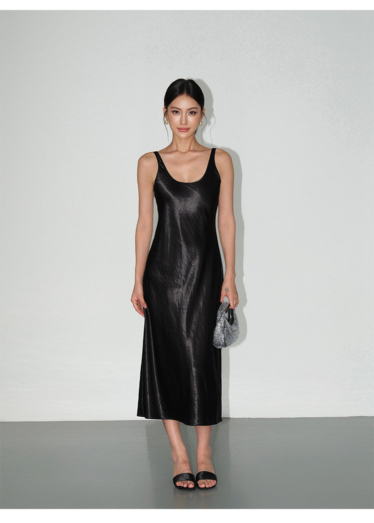 Satin Slip Midi Dress - Black