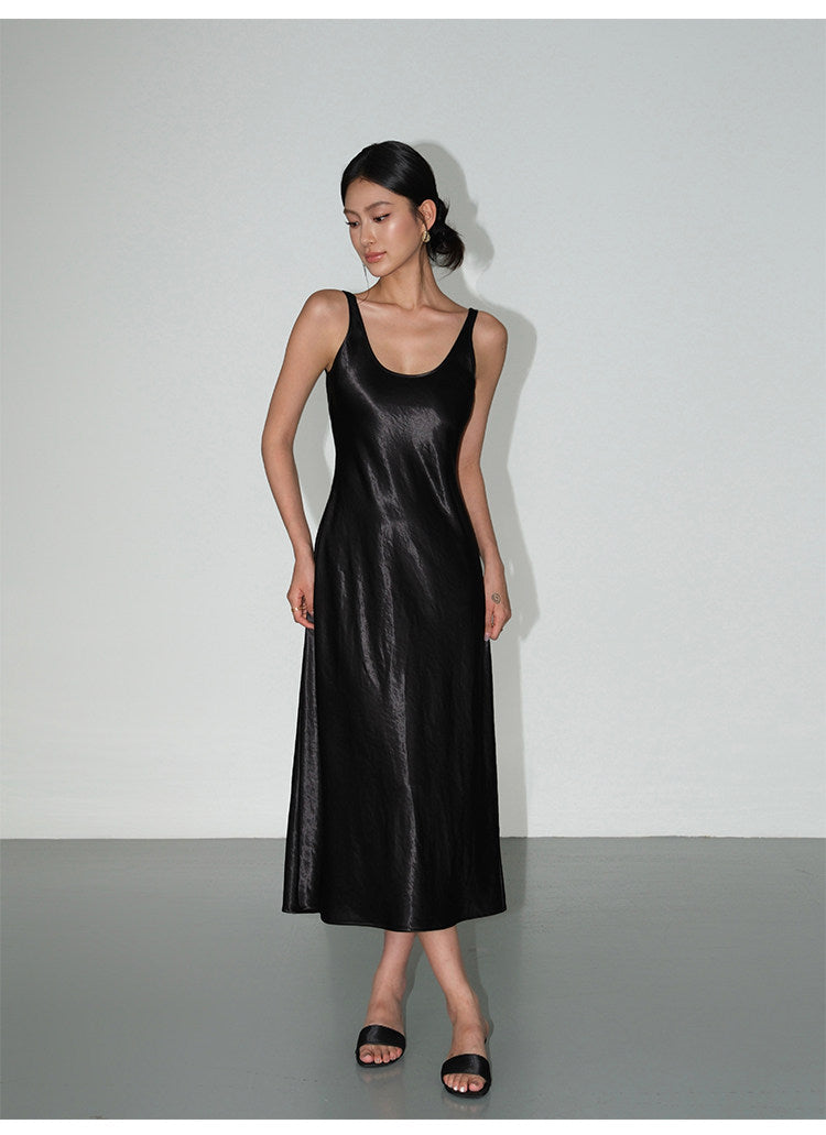 Satin Slip Midi Dress - Black