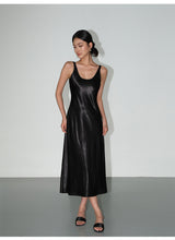 Satin Slip Midi Dress - Black