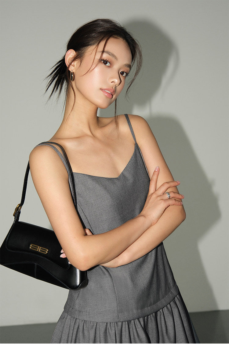 Peated V-neck Camisole Dress - Grey