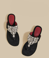Crystal Pearl Flat Sandals (Black)