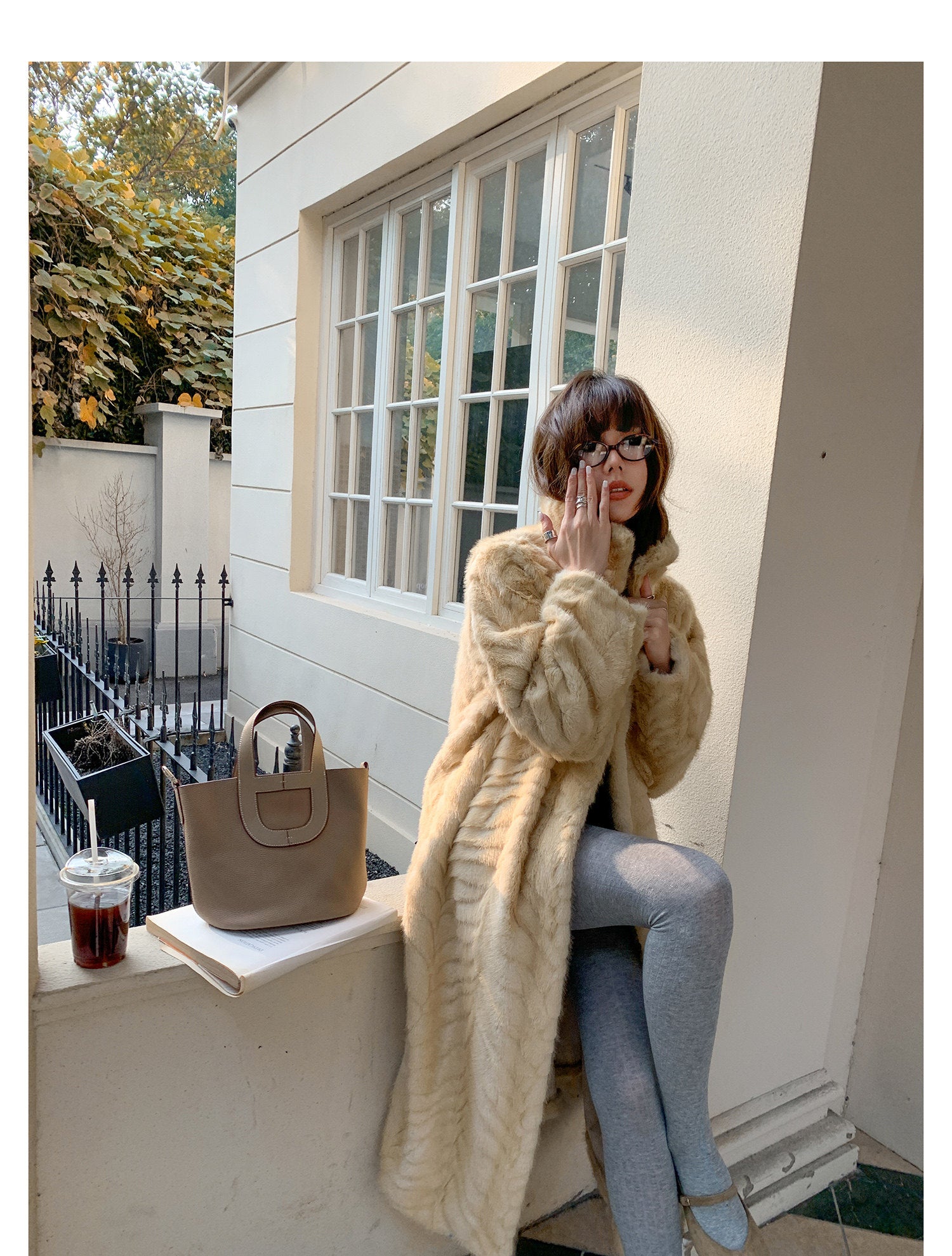 Herringbone Faux Fur Coat - Custard