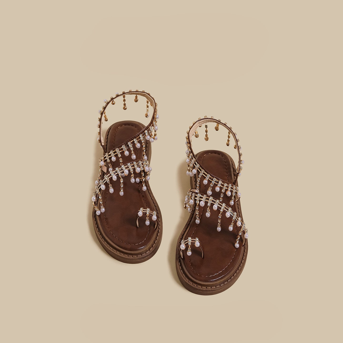 Pearl Crystal Flat Strap Sandals