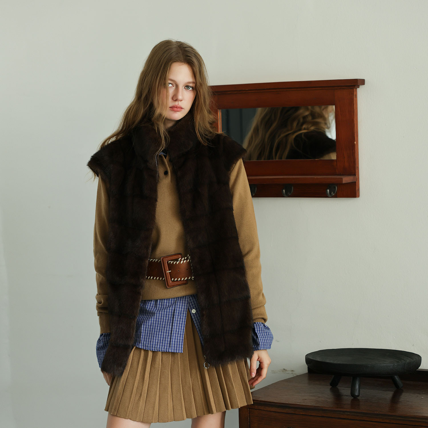 Espresso Fur Stand Collar Vest