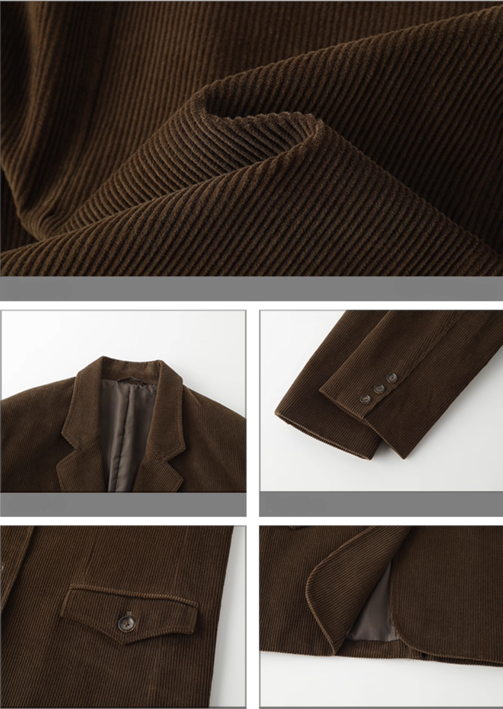 Brown corduroy fabric with close-up details on a white background