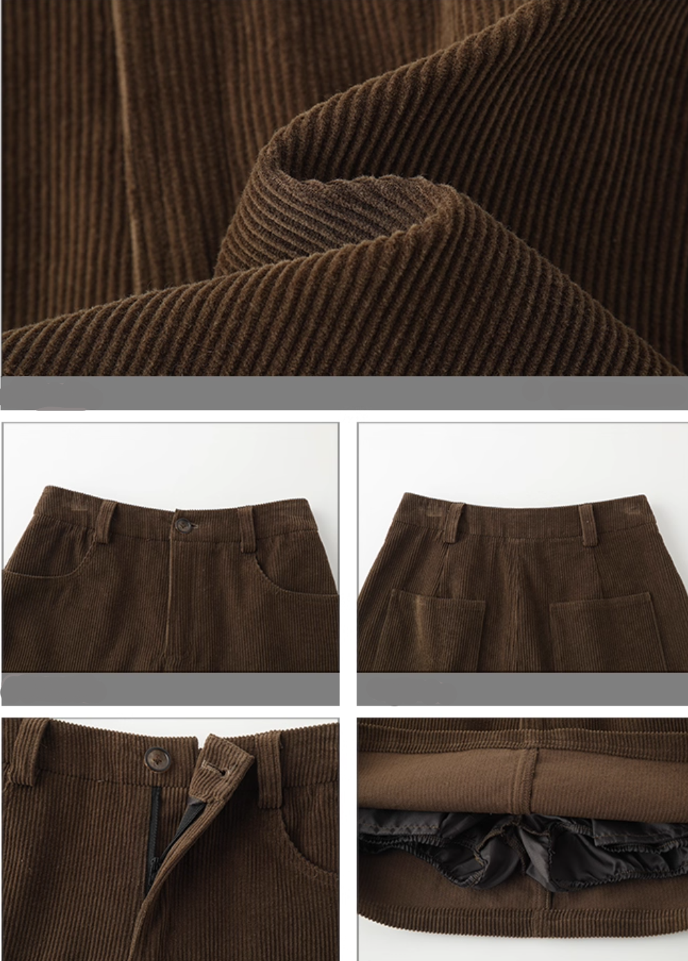 Brown corduroy fabric with close-up details on a white background