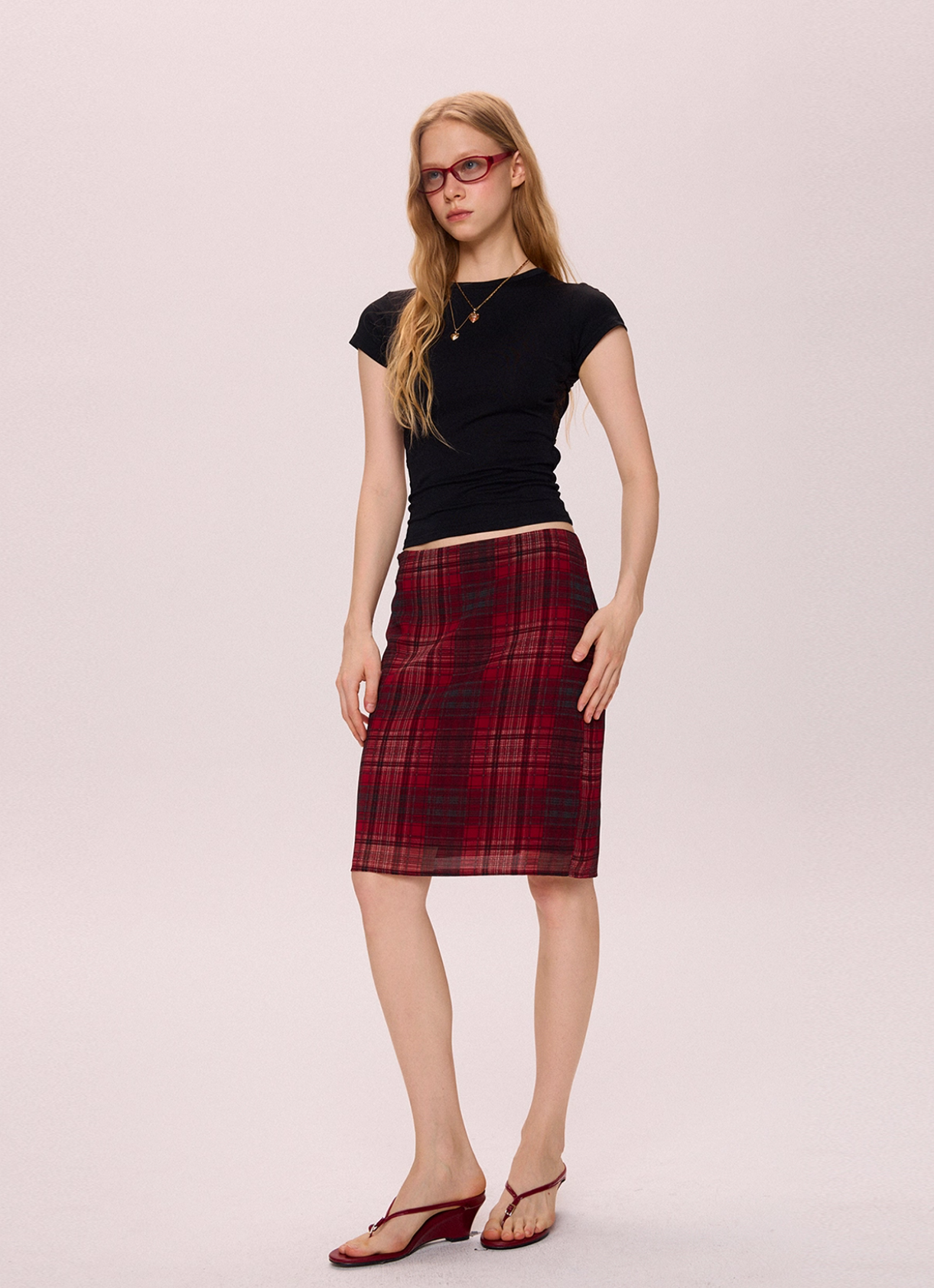 Red Plaid Midi Skirt