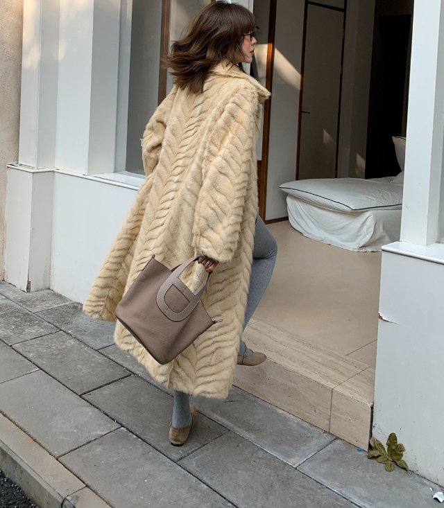 Herringbone Faux Fur Coat - Custard